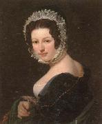 unknow artist Portrait of a young lady,half-length,wearing a black dress,with a green mantle,and a lace bonnet oil painting on canvas